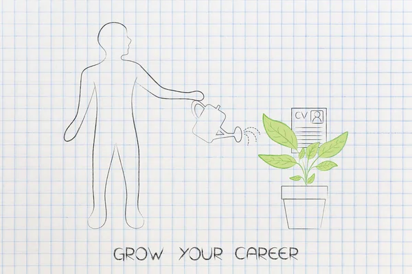 Växer din karriär, man vattna en växt med Cv växer från det — Stockfoto