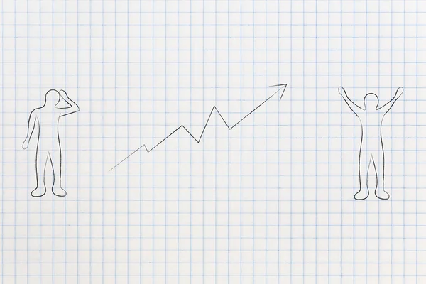 긍정적인 성장 통계와 후 행복 한 사람이 전에 우려 남자 — 스톡 사진