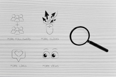 Web analytics, seo ve performans kavramsal çizimi: takipçileri seviyor tıklama ve büyüteç simgesini hit