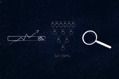 Web analytics, seo ve performans kavramsal çizimi: arama motoru çubuğu ile Viral gitmek simgesi ve Büyüteç camı yanında gidiş sona seo istatistikleri