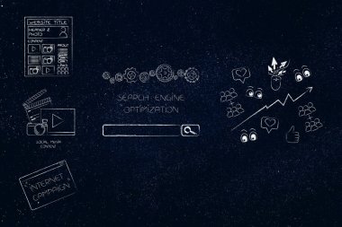 Web analytics, seo ve performans kavramsal çizimi: web içeriğini Arama Motoru Optimizasyonu simgesini ve sayısı yanında ve istatistikleri kadar gidiş seviyor