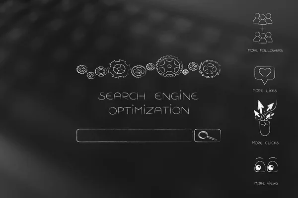 website analytics, seo and performance conceptual illustration: search engine optimization bar next to more followers views clicks and likes icons