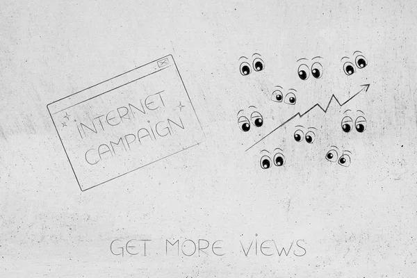 website analytics, seo and performance conceptual illustration: internet campaign pop-up message next to Get More Views icon with eyes and arrow going up