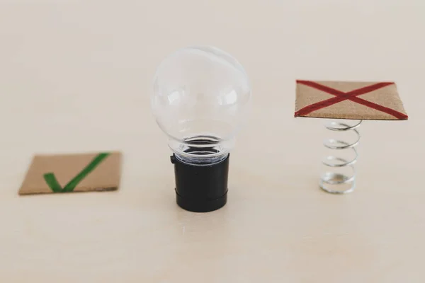 Feedback about bad ideas, lightbulb with green tick and red cros — Stock Photo, Image