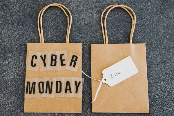 Cyber monday shopping bag next to another blank one with Sales p — Stock Photo, Image