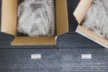 Orijinal ürün ve taklit etiketi dağıtım paketinin içinde 