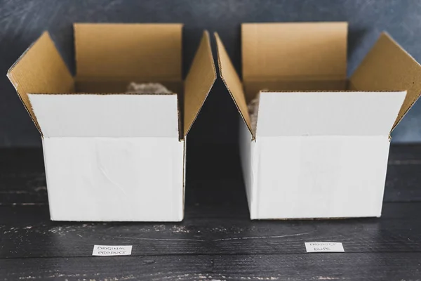 Original product vs dupe imitation label inside delivery parcel — Stock Photo, Image