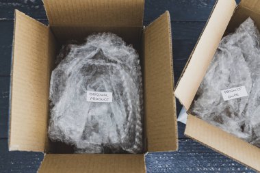 Orijinal ürün ve taklit etiketi dağıtım paketinin içinde 