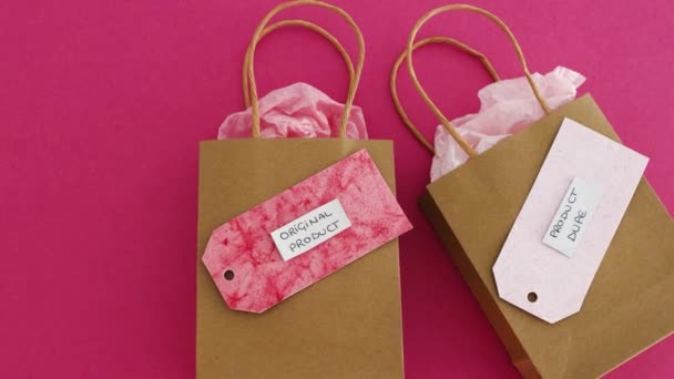 Original Product Dupe Imitation Label Shopping Bags Similar Color Paper — ストック動画