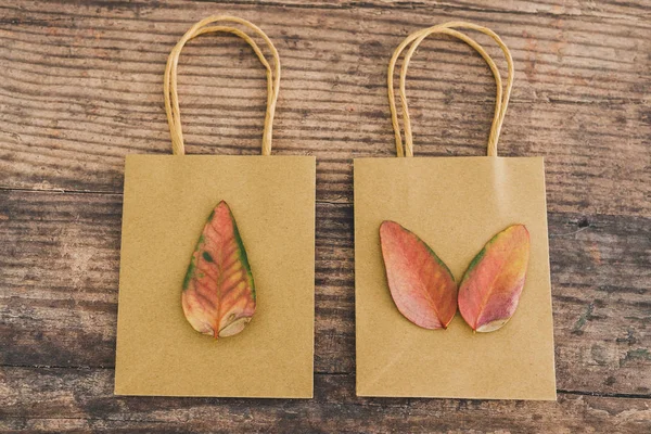 Paper bags with leaves on them symbol of a more ecological alter — Stock Photo, Image