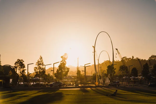 View of Elizabeth Quay in Perth,at golden hour with sun flare, a — 스톡 사진