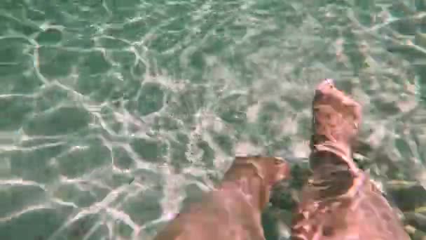 Woman Swimming Fresh Clear Water Indian Ocean Sunlight Reflection Sand — Stock Video