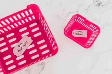 Farklı boyutlarda alışveriş sepetleri olan büyük ve küçük bütçe kavramları