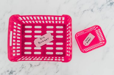 Farklı boyutlarda alışveriş sepetleri olan büyük ve küçük bütçe kavramları