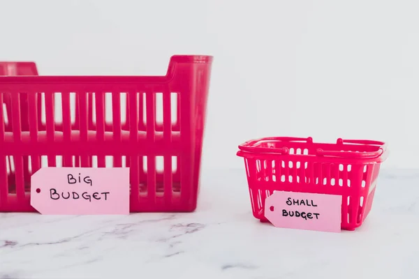 不同尺寸购物篮的大预算概念与小预算概念 — 图库照片