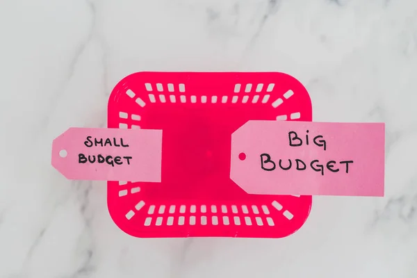 大的和小的预算，不同大小的价格标签上的购物面包 — 图库照片