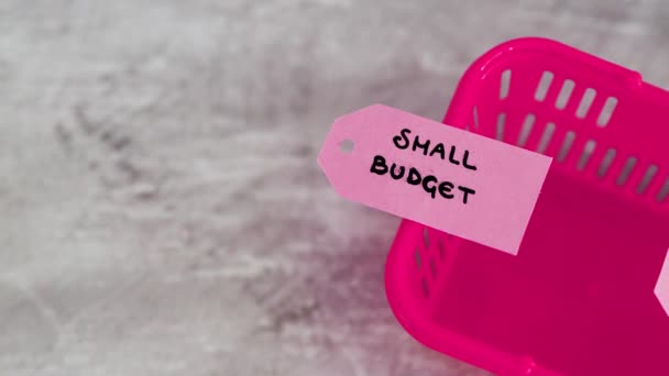 大的和小的预算概念视频 不同大小的价格标签上的购物篮与文字和相机淘气 — 图库视频影像