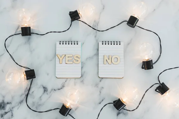 decision making process, group of notepads with yes and no optio