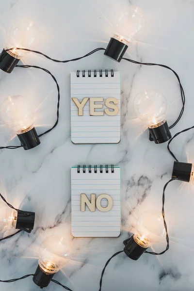 decision making process, group of notepads with yes and no optio