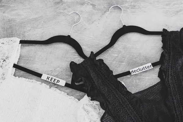 Tidying up and decluttering, clothes hangers with black and whit — 스톡 사진