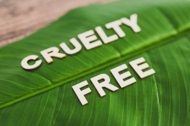 Acımasızlık. Tropikal muzun tepesinde ahşap harflerle yazılmış ücretsiz metin. 