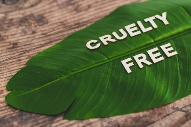 Acımasızlık. Tropikal muzun tepesinde ahşap harflerle yazılmış ücretsiz metin. 