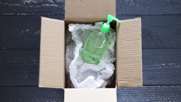 Handdesinfektionsflasche Innerhalb Der Lieferung Paketsymbol Sehr Gefragte Produkte Zeiten Der — Stockvideo