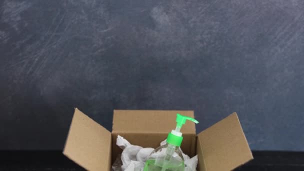 Händedesinfektionsflasche Innerhalb Der Lieferung Paketsymbol Sehr Gefragte Produkte Zeiten Der — Stockvideo