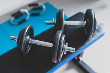 Spor salonu ve online fitness konsepti, spor salonundaki dambıllar ve yoga minderindeki şınav kulpları ile evden spor salonu.