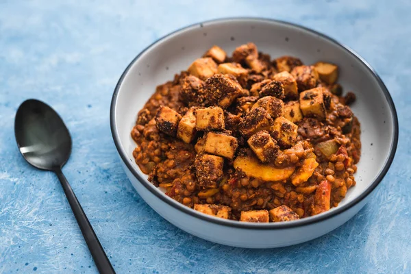 Gesundes Pflanzliches Ernährungskonzept Vegane Linsen Curry Suppe Mit Marinierten Tofu — Stockfoto