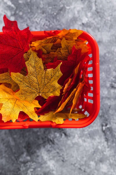 Höstprodukter Och Säsongsbetonade Shoppingkoncept Kundkorg Med Höstlöv Grönt Gult Och — Stockfoto