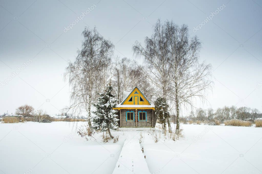 cold winter day and village house