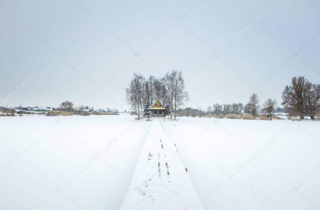 winter day and village house