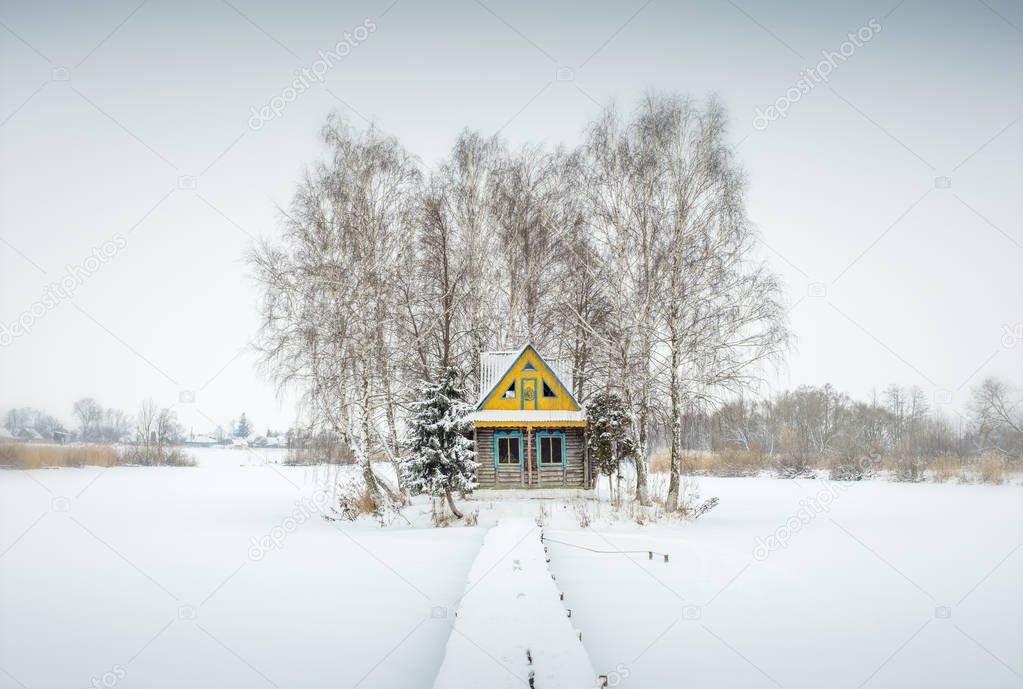 alone farm house in winter day