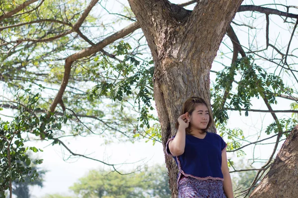 Όμορφη νεαρή γυναίκα της Ασίας με δέντρο — Φωτογραφία Αρχείου
