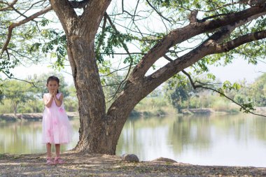 Ağaç lagoon yakınındaki küçük Asyalı kız