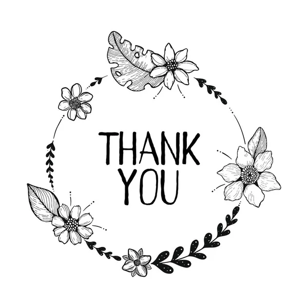 Black and white vector illustration with the words Thank you. Floral elements in doodle style. Round design.