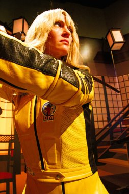 Los Angeles, Usa - 08 Ekim 2015: Madame Tussauds Hollywood balmumu müzesinde Kill Bill 'den Gelin rolünde Uma Thurman. Marie Tussaud, Marie Grosholtz olarak 1761 yılında doğdu.