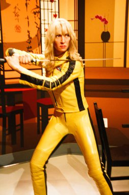 Los Angeles, Usa - 08 Ekim 2015: Madame Tussauds Hollywood balmumu müzesinde Kill Bill 'den Gelin rolünde Uma Thurman. Marie Tussaud, Marie Grosholtz olarak 1761 yılında doğdu.