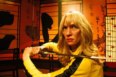 Los Angeles, Usa - 08 Ekim 2015: Madame Tussauds Hollywood balmumu müzesinde Kill Bill 'den Gelin rolünde Uma Thurman. Marie Tussaud, Marie Grosholtz olarak 1761 yılında doğdu.