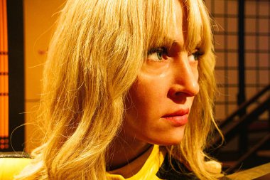 Los Angeles, Usa - 08 Ekim 2015: Madame Tussauds Hollywood balmumu müzesinde Kill Bill 'den Gelin rolünde Uma Thurman. Marie Tussaud, Marie Grosholtz olarak 1761 yılında doğdu.