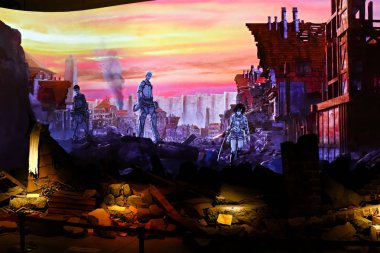 Osaka, Japonya - 14 Kasım 2019: Titan Saldırısı 'nda yapılan sayısız sergi - Shingeki no Kyojin Hirakata Park' ta.