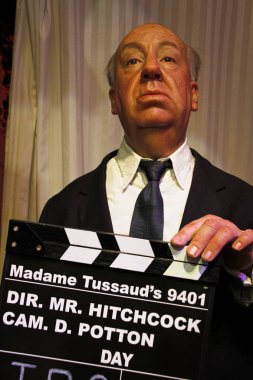 Los Angeles CA USA - 28 OCT 2013: Sir Alfred Joseph Hitchcock waxwork figure - Madame Tussauds Hollywood.