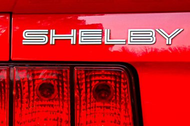 Osaka,Japan - Jan 20,2020 : Vehicle badge closeup of a Ford Mustang Shelby GT500 muscle car at Universal Studios Japan.