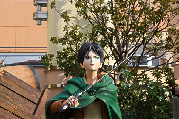 Osaka, Japan - Jan 20, 2020: Clone-oid statue of Ellen Jaeger from Attack on Titan ( Shingeki no Kyojin ) /Race for Survival XR Ride at Universal Studios japan.
