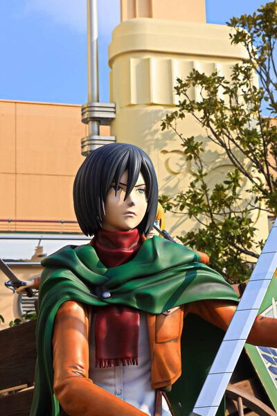 Osaka, Japan - Jan 20, 2020: Clone-oid statue of Mikasa Ackerman from Attack on Titan ( Shingeki no Kyojin ) /Race for Survival XR Ride at Universal Studios japan.