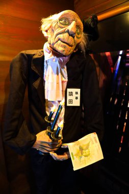 Toba, Japan - 29 February 2020 : Old black butler doll in Edogawa Rampo Museum. which is a museum about Edogawa Rampo culture and history of development of Japanese mystery fiction.