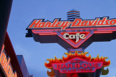 LAS VEGAS,NV - OCTOBER 10,2017: Harley Davidson Las Vegas Cafe Sign in Las Vegas. The theme of the restaurant is the Harley Davidson Motor Company which began in 1903. clipart