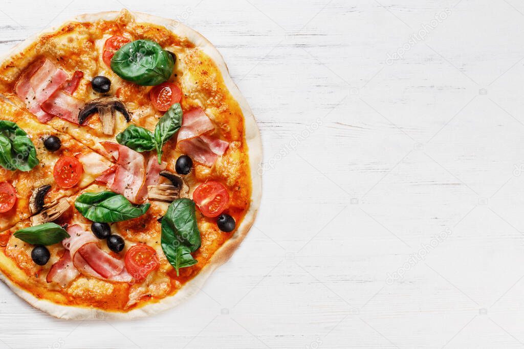 Top view of Italian PIZZA with mushrooms, basil, tomato, olives and cheese and bacon. WITHOUT one piece.  white wooden table background. Look as Prosciutto, Capricciosa, Funghi, Cotto PIZZA. Ideal for commercial