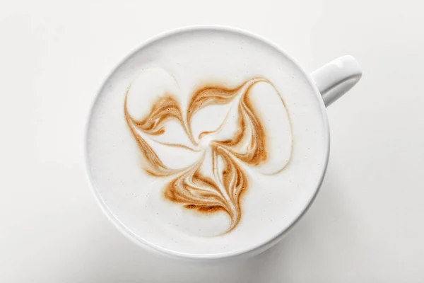 Hot Cappuccino Latte Art Top White Ceramic Mug White Background — Stock Photo, Image